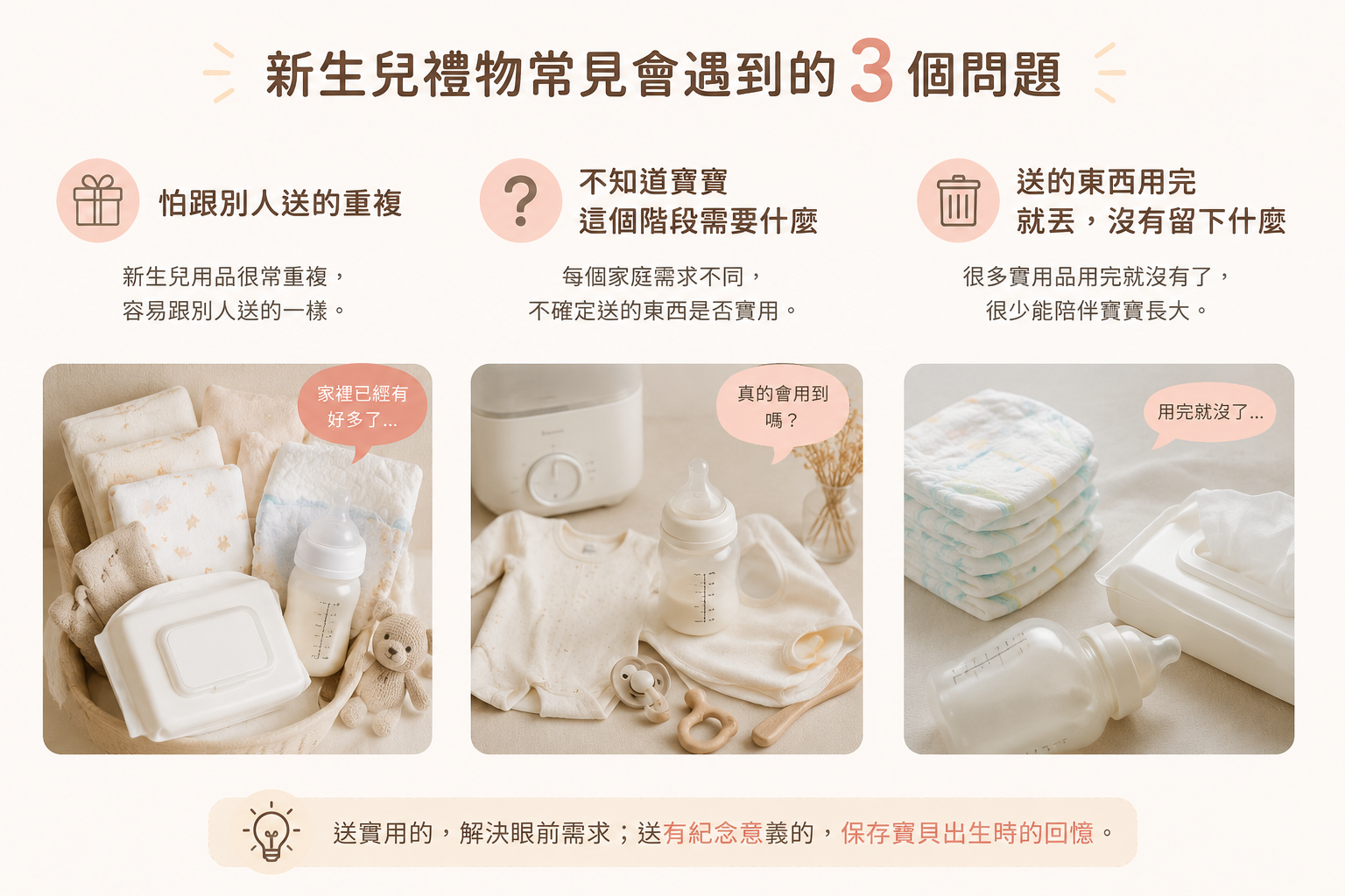 新生兒禮物要送什麼?實用禮物與紀念禮物怎麼選 2 新生兒送禮常見問題示意圖,包含重複的包巾、奶瓶與尿布,提醒送禮前先思考實用與紀念需求
