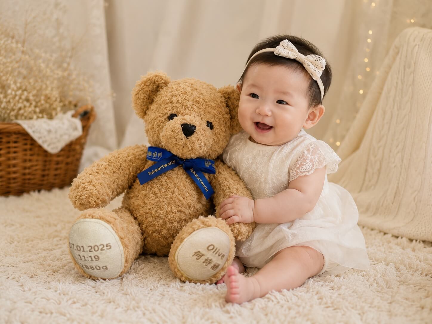 Personalised custom birth weight bear next to a cute baby in Singapore