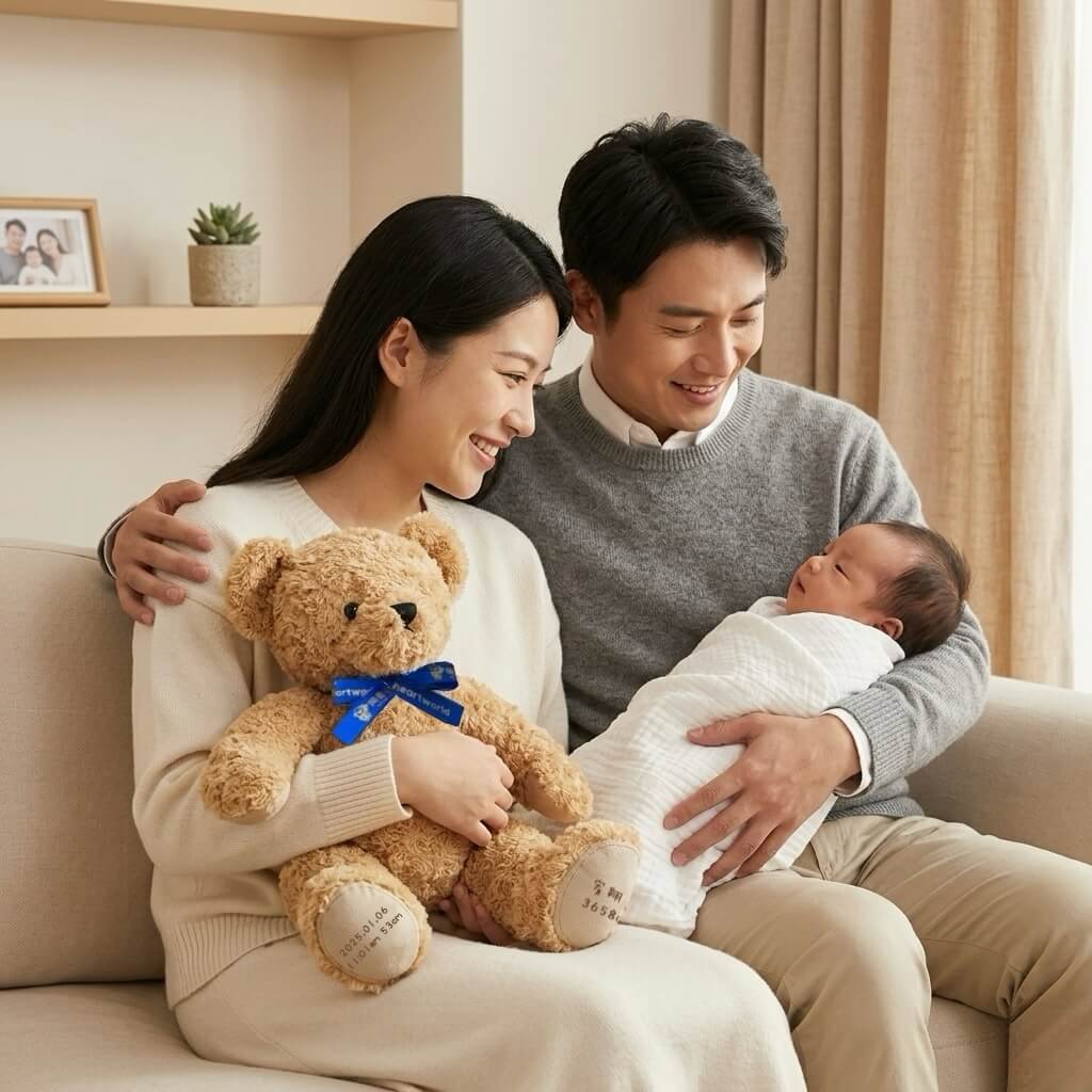 Happy parents holding their newborn baby and a Toheartworld custom exact birth weight teddy bear