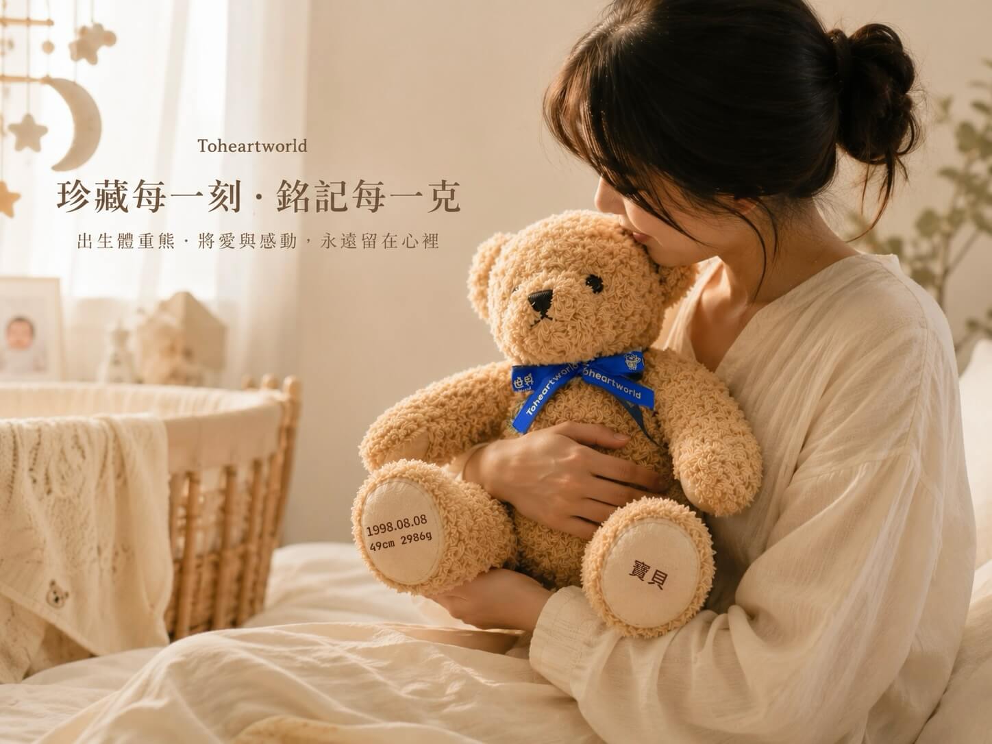 一位母親擁抱同畫世界客製化出生體重熊，紀念寶寶出生體重與珍貴回憶