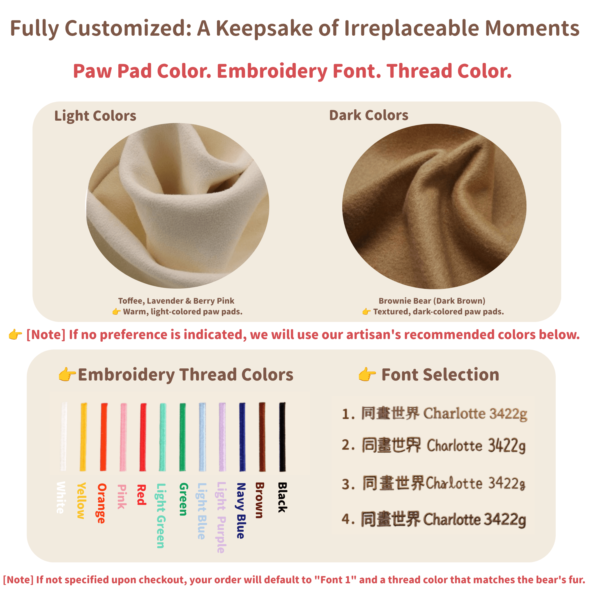 Paw colour and embroidery thread options