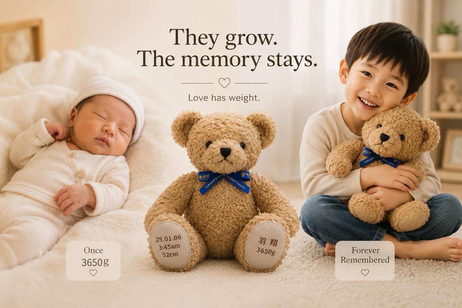 Love Has Weight: Why Families Treasure Birth Weight Bears 2 A newborn baby, a Birth Weight Bear, and a growing child showing how families preserve precious memories with a handcrafted keepsake.