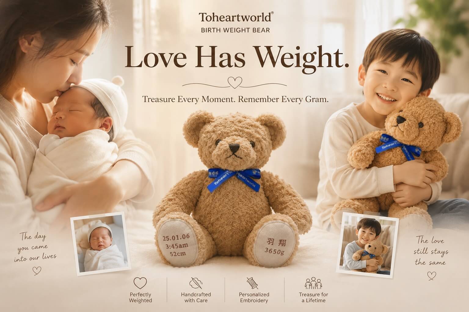 A handcrafted Birth Weight Bear by Toheartworld representing the love and memories shared between parents and children.