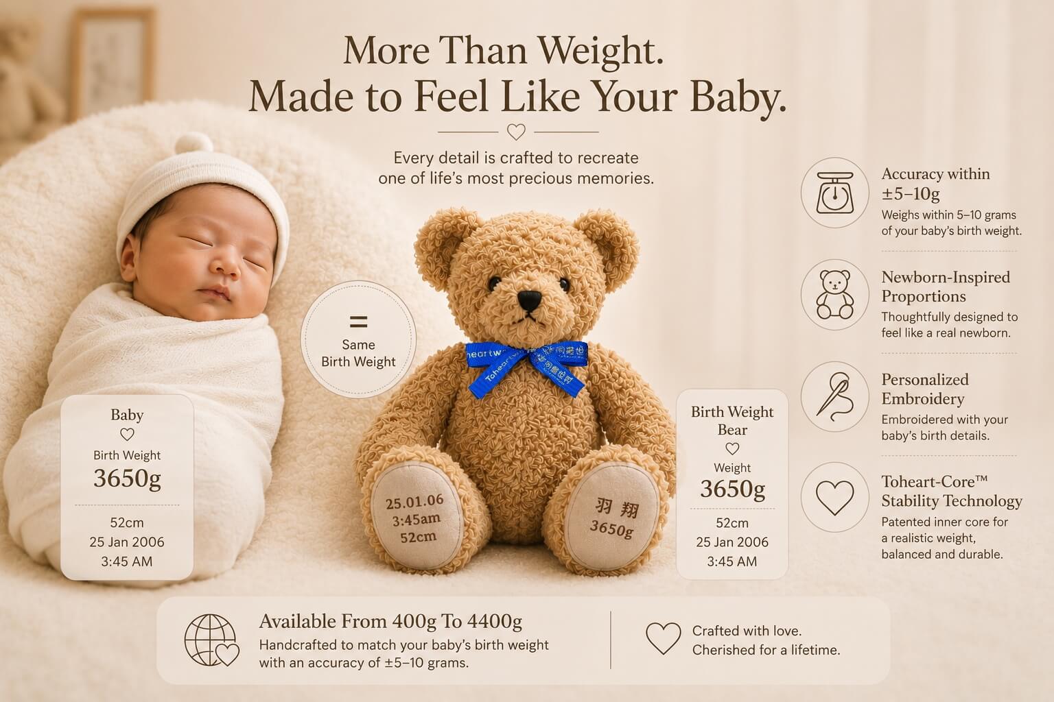 Love Has Weight: Why Families Treasure Birth Weight Bears 4 Birth Weight Bear by Toheartworld designed with newborn-inspired proportions and handcrafted to match a baby's birth weight with an accuracy of ±5–10 grams.