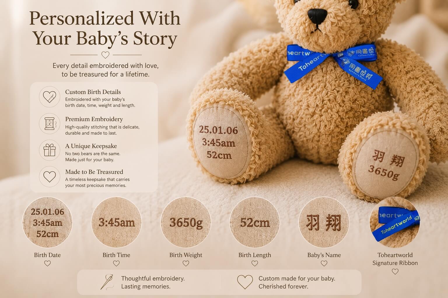 Love Has Weight: Why Families Treasure Birth Weight Bears 5 A personalized Birth Weight Bear by Toheartworld embroidered with a baby's unique birth details, transforming precious memories into a lifelong keepsake.