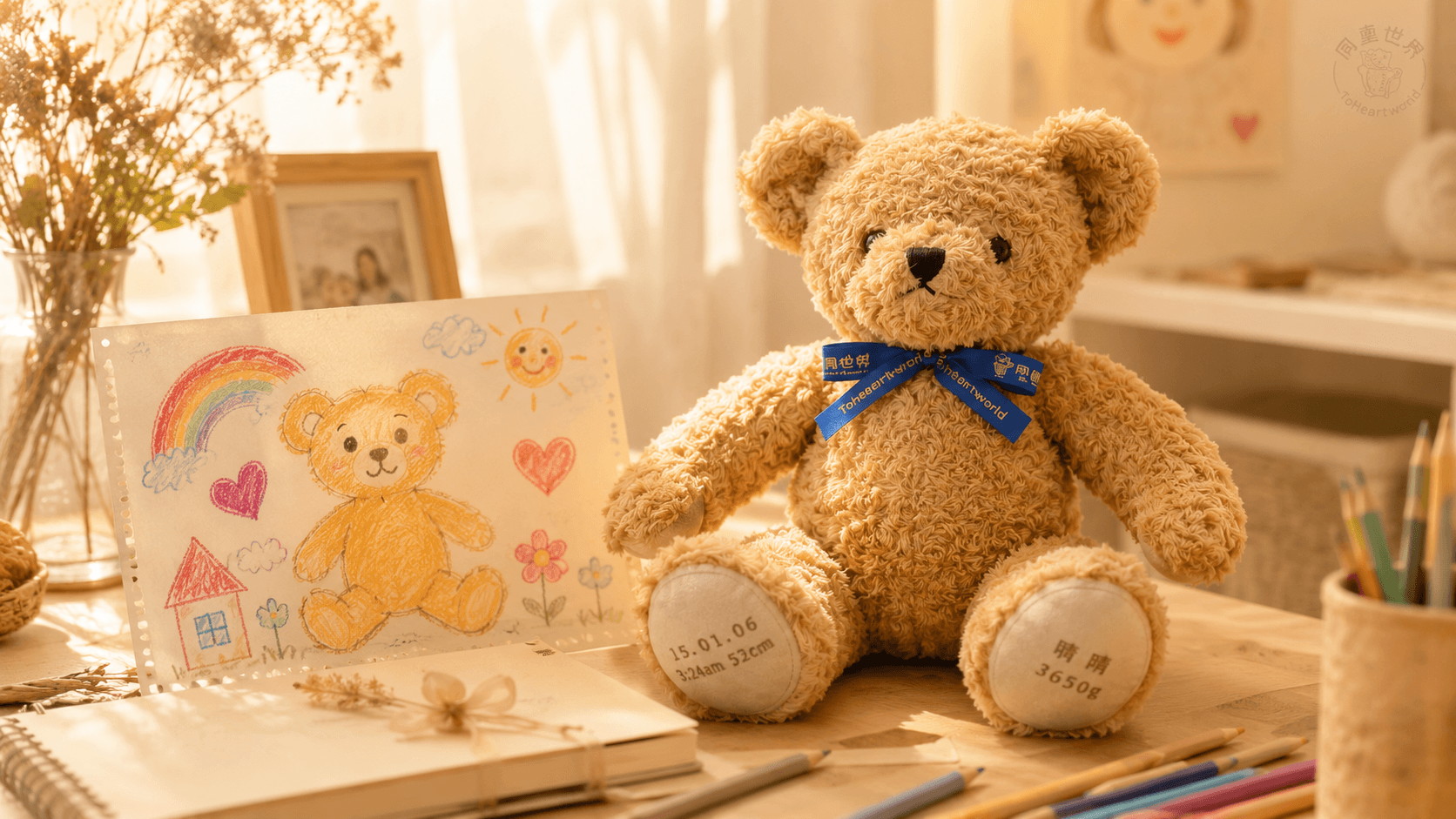 同畫世界 Toheartworld 品牌故事配圖，呈現孩子畫作、客製出生體重熊與珍貴回憶被做成紀念禮物的概念。