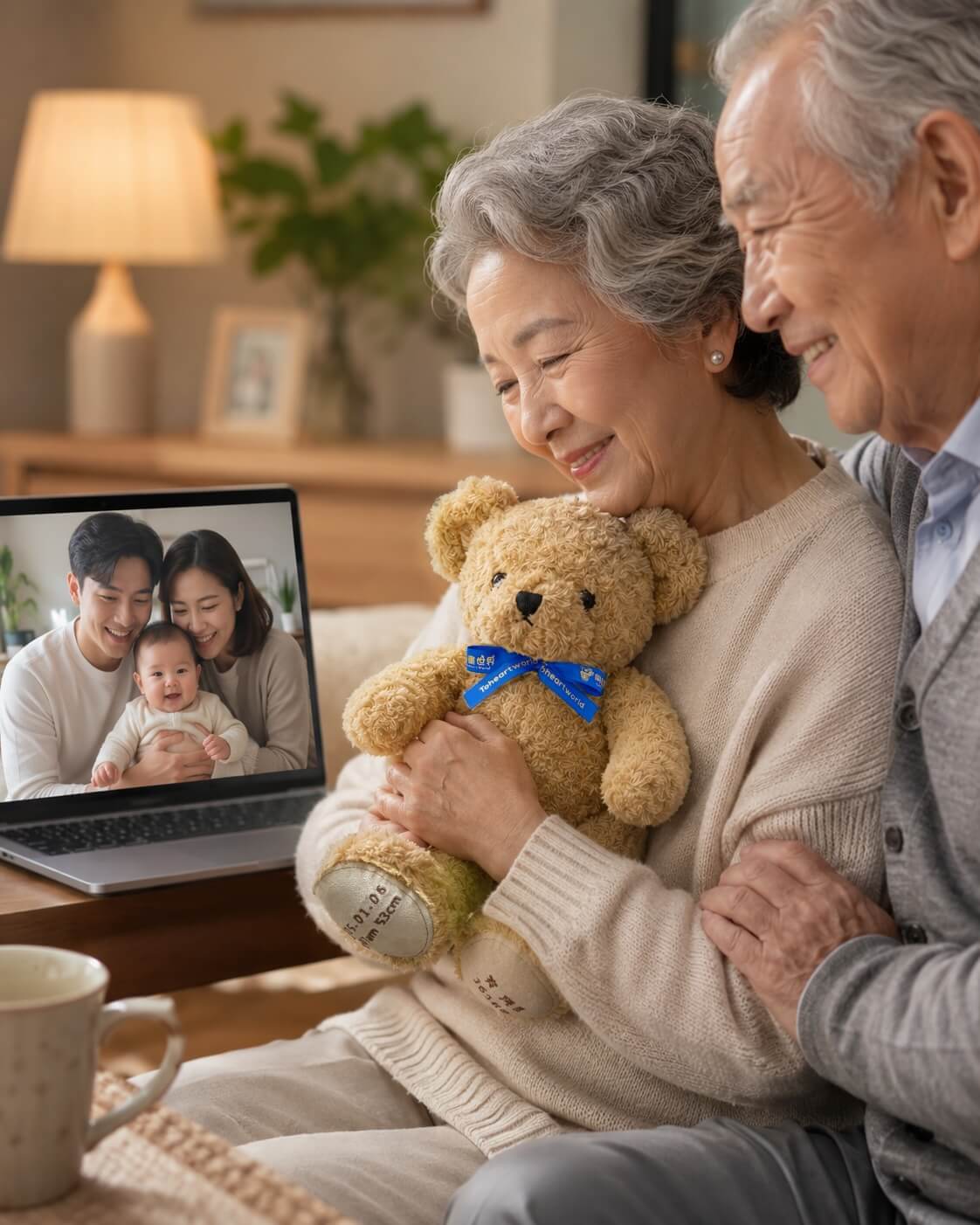 爺爺奶奶在家中抱著客製體重熊，透過視訊和國外的爸爸媽媽及嬰兒寶寶連線，呈現跨國陪伴與思念的溫馨畫面。